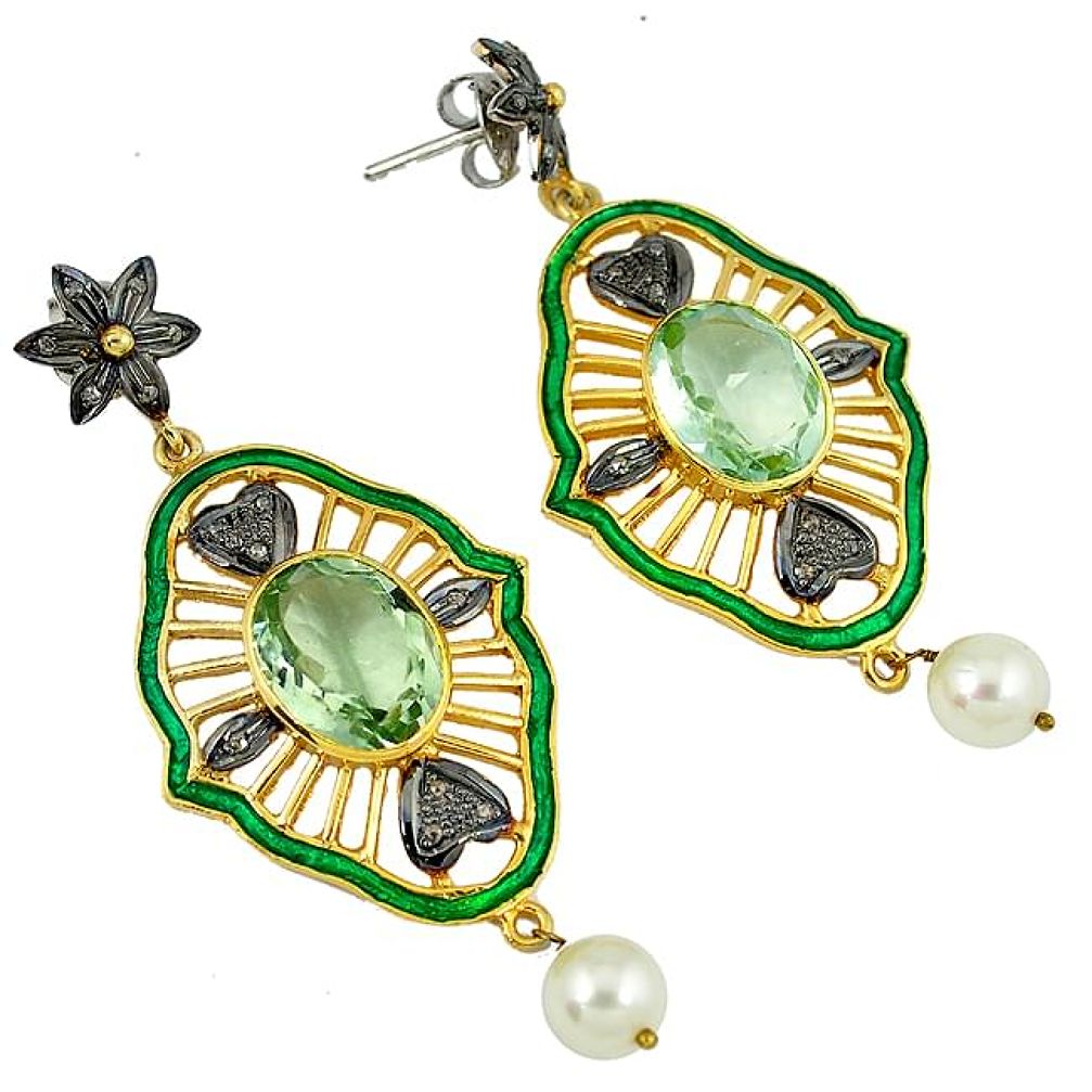 31.58cts vinatge diamond green amethyst enamel 925 silver gold earrings v1786