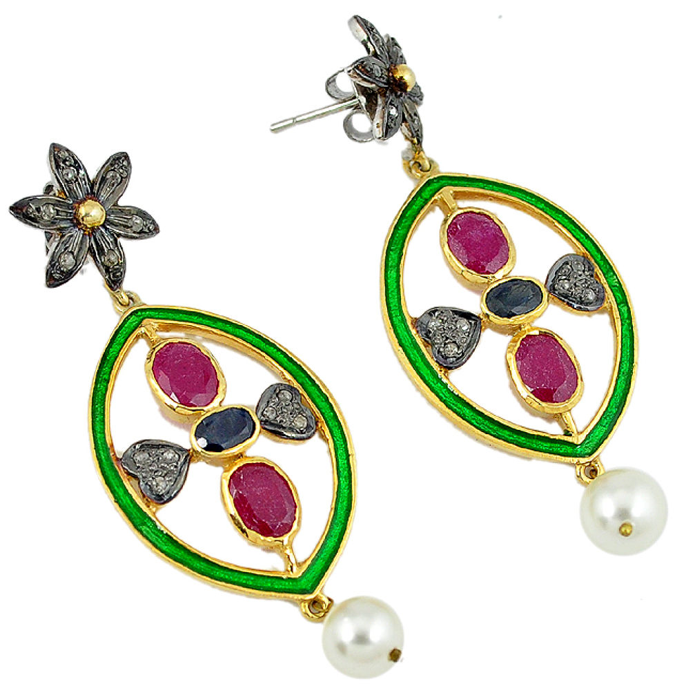 925 silver 15.14cts vintage diamond red ruby enamel gold dangle earrings v1790