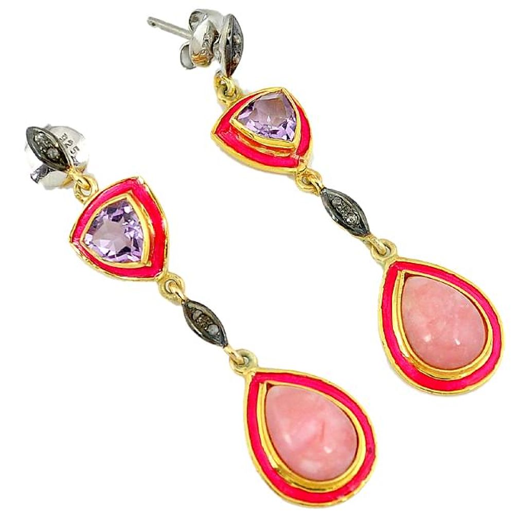 925 silver 20.76cts vintage white diamond pink opal enamel gold earrings v1794