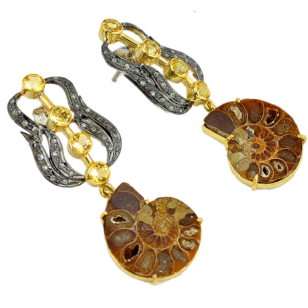 41.29cts victorian diamond brown ammonite fossil 925 silver gold earrings v1797