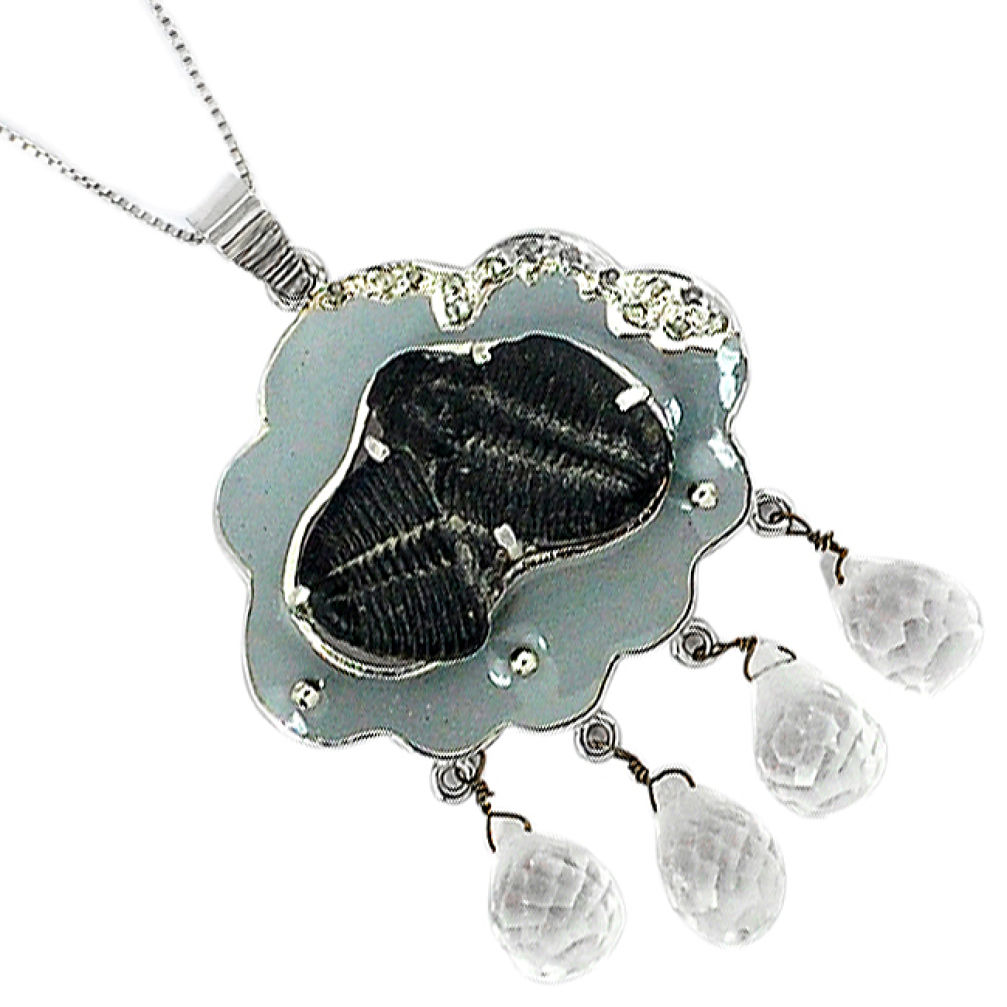29.81cts vintage natural diamond black trilobite 925 silver necklace v1497