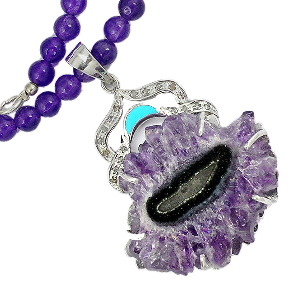 Clearance Sale- Vintage diamond purple cluster druzy amethyst 925 silver beads necklace v1509