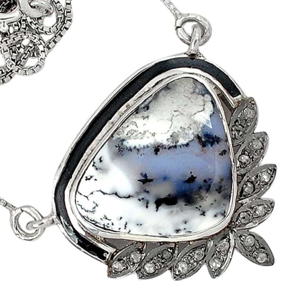 14.83cts vintage diamond dendrite opal (merlinite) 925 silver necklace v1540