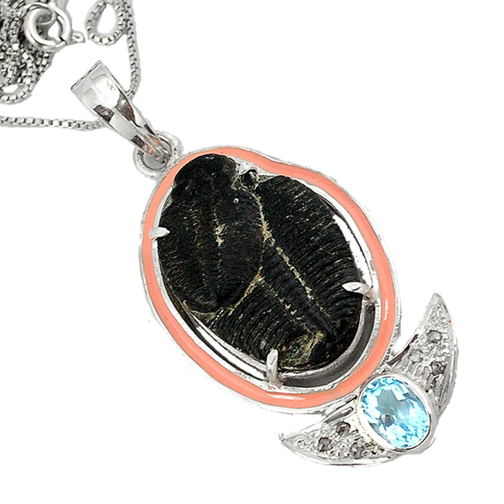 15.44cts vintage diamond black trilobite topaz enamel 925 silver necklace v1932
