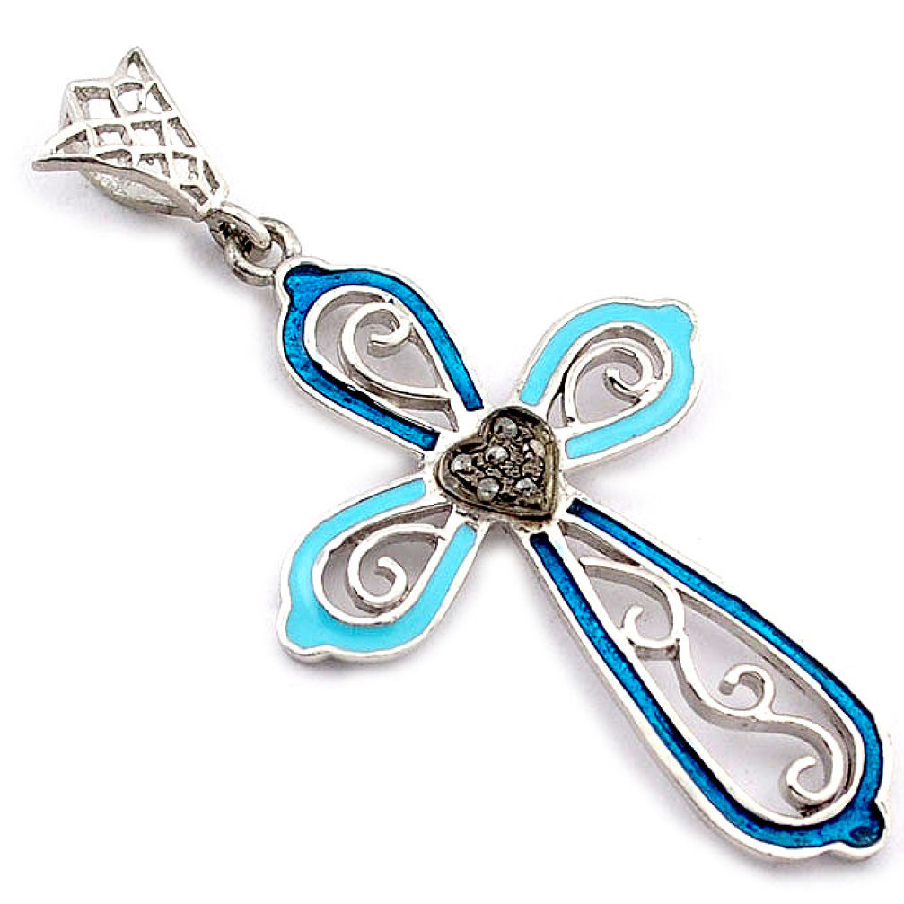 White diamond blue enamel 925 sterling silver 14k gold heart cross pendant v1007