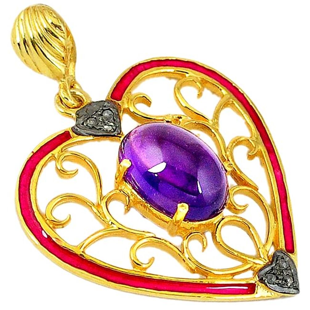 6.36cts natural diamond purple amethyst 925 silver 14k gold heart pendant v1017