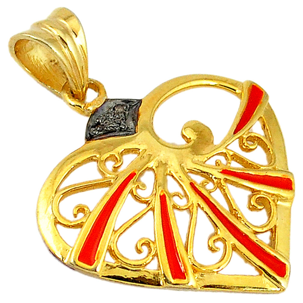 White diamond red enamel 925 sterling silver gold heart pendant jewelry v1034