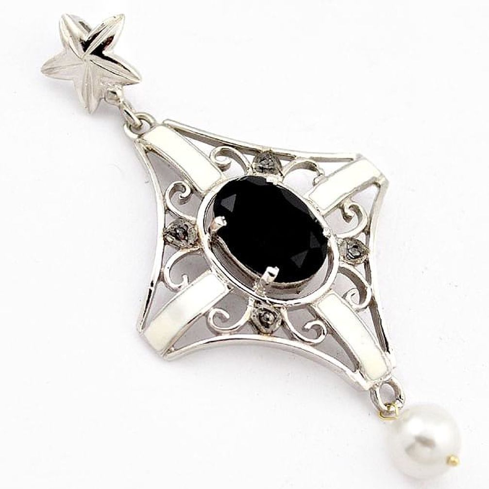 10.13cts natural white diamond black onyx pearl enamel 925 silver pendant v1041