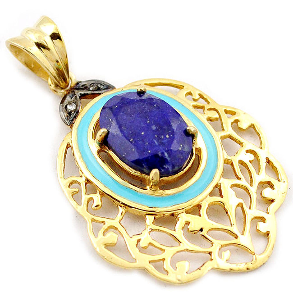 6.70cts natural white diamond blue lapis enamel 925 silver gold pendant v1046