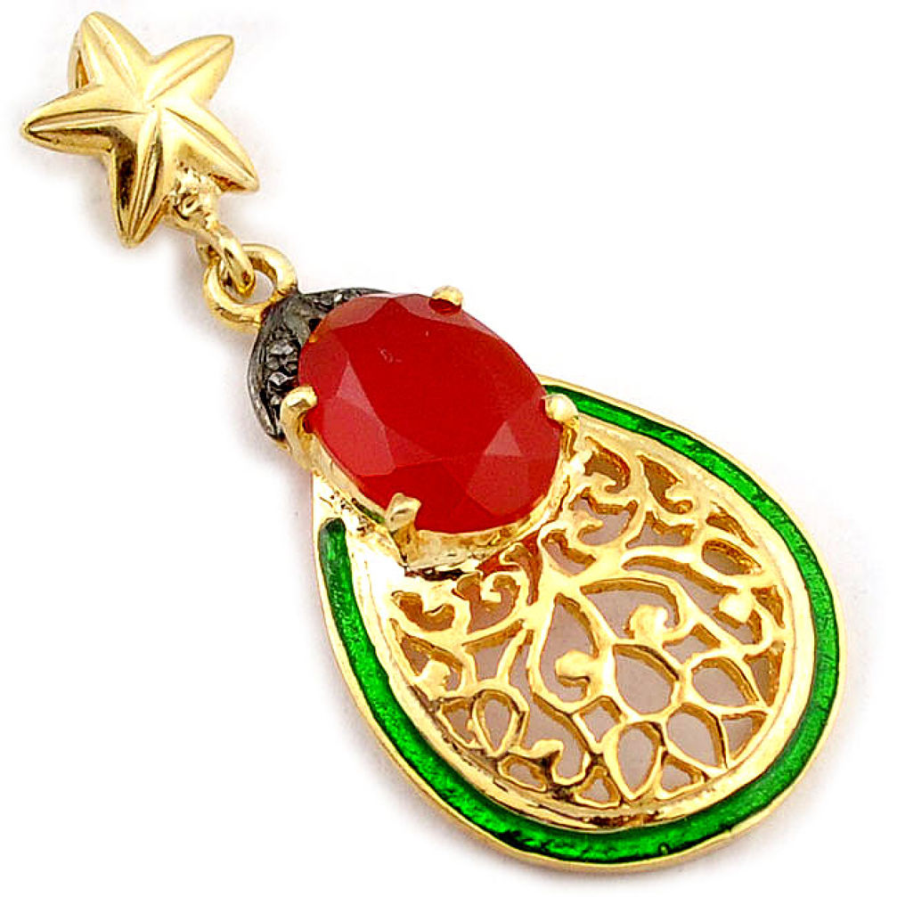 6.92cts natural diamond honey onyx green enamel 925 silver gold pendant v1051