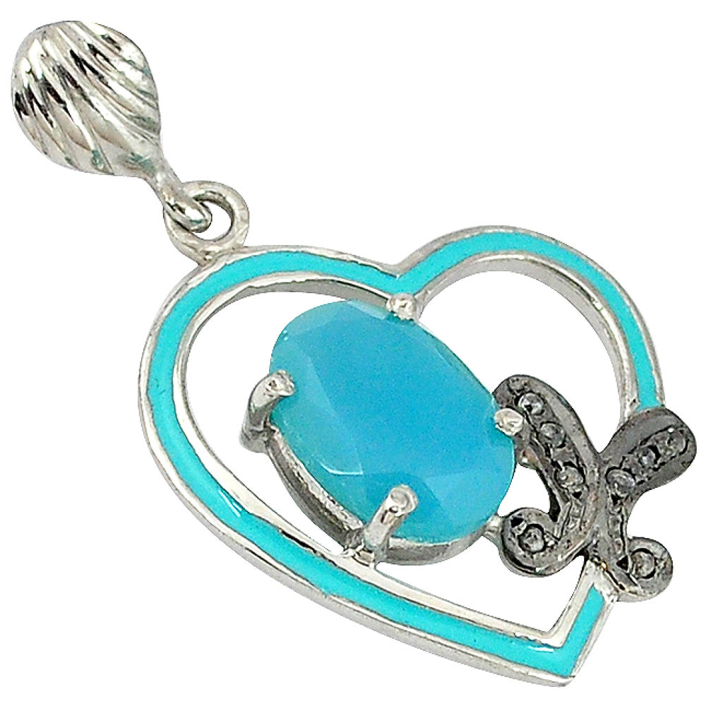 6.49cts natural diamond blue chalcedony enamel 925 silver 14k gold pendant v1059