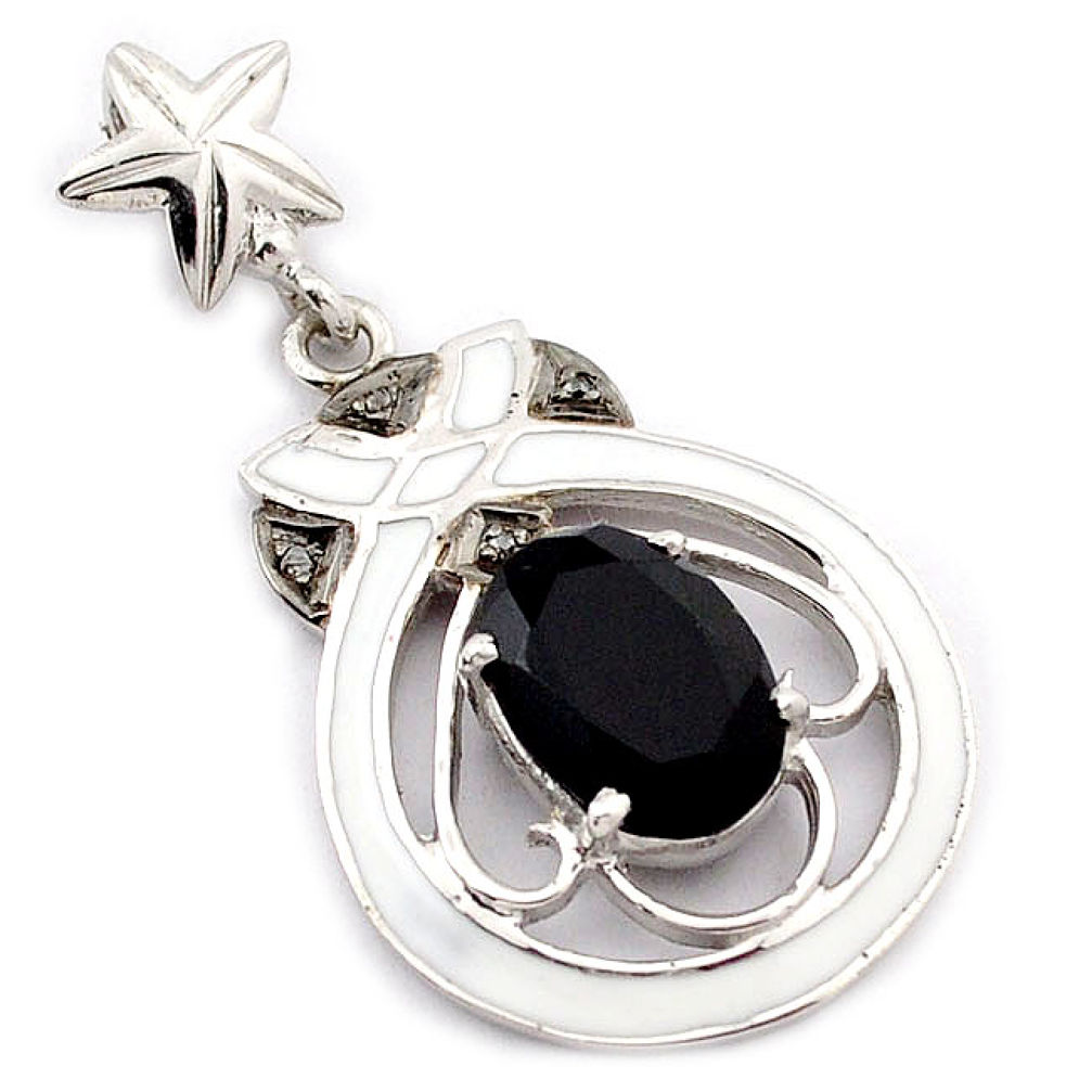 6.91cts natural diamond black onyx oval enamel 925 silver 14k gold pendant v1063