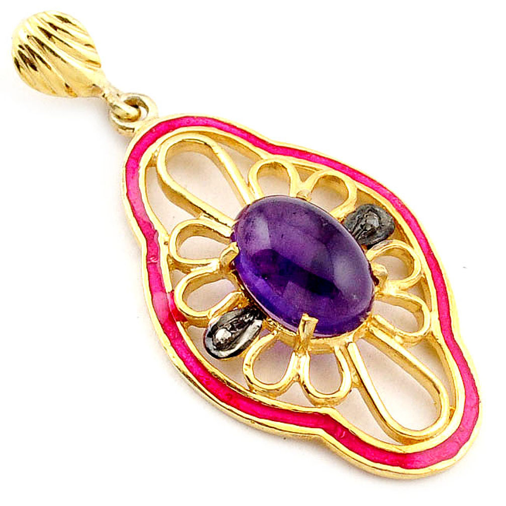 6.76cts natural diamond purple amethyst enamel 925 silver 14k gold pendant v1073