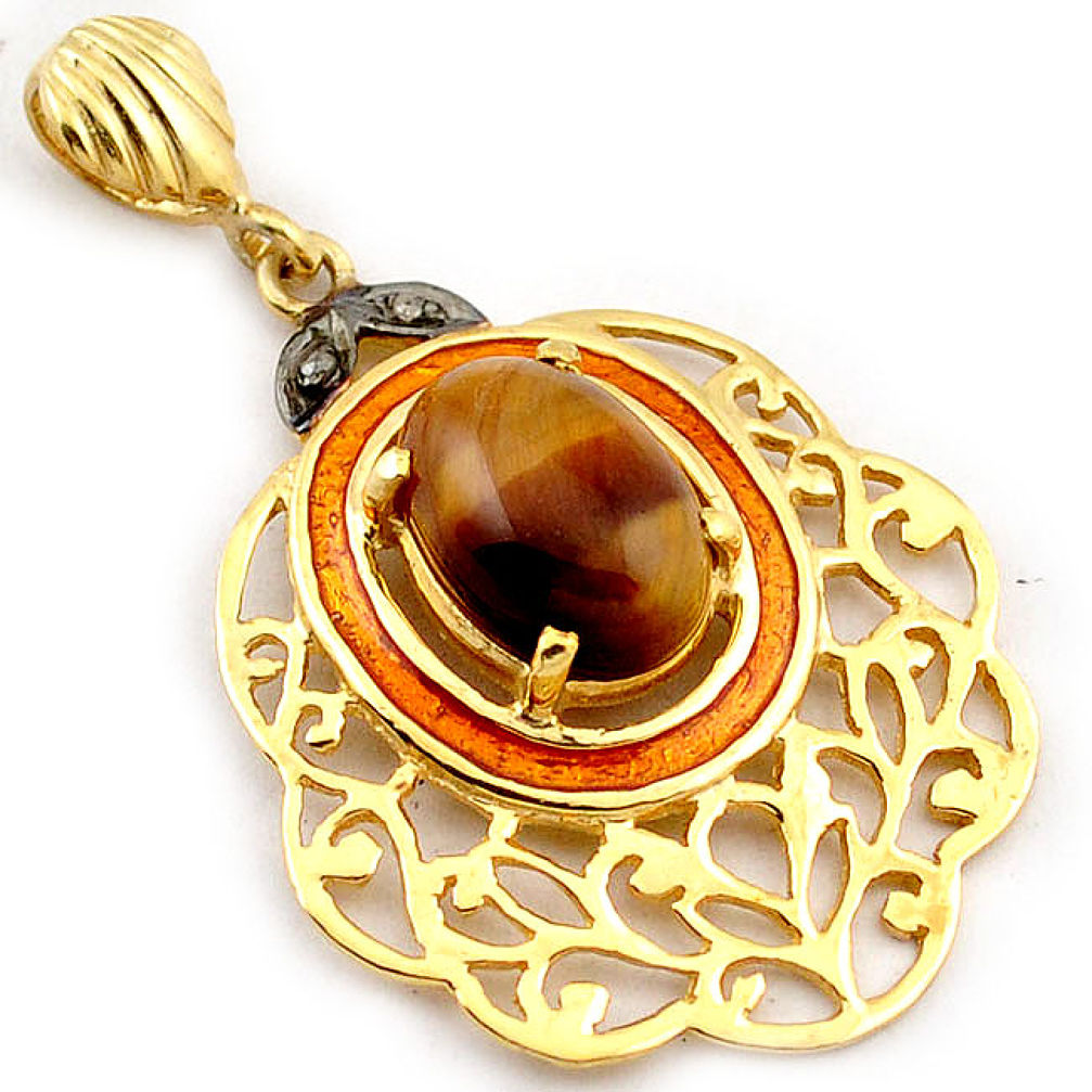 6.53cts natural white diamond brown tiger's eye 925 silver gold pendant v1075