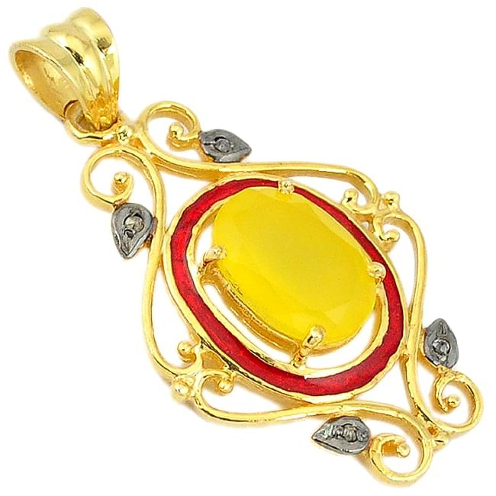 6.53cts natural white diamond yellow chalcedony 925 silver gold pendant v1078