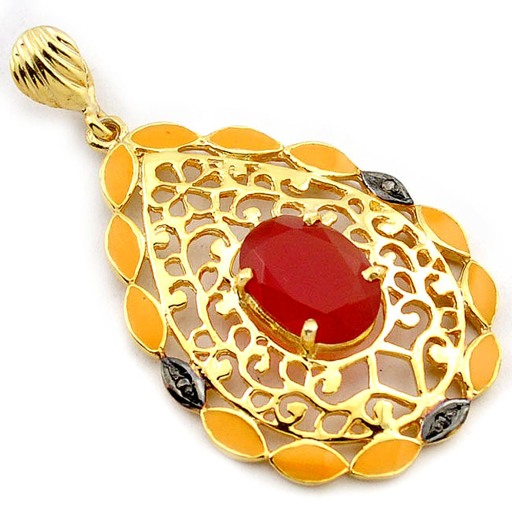 6.31cts handmade natural diamond honey onyx enamel 925 silver gold pendant v1087