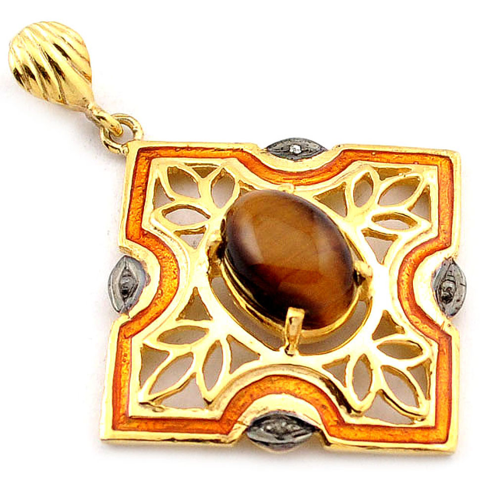 6.74cts natural white diamond brown tiger's eye 925 silver gold pendant v1089