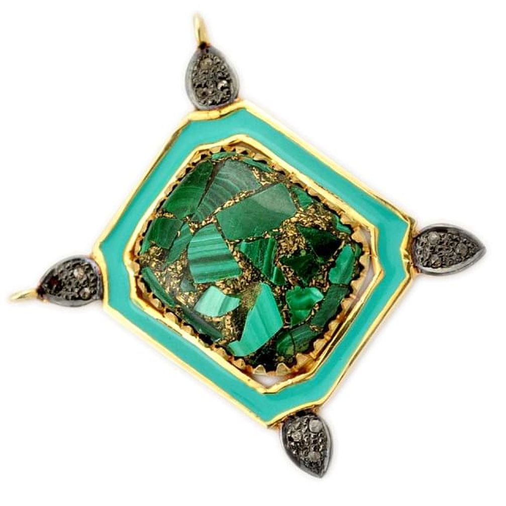 27.85cts fine natural diamond malachite in azurite 925 silver gold pendant v1102