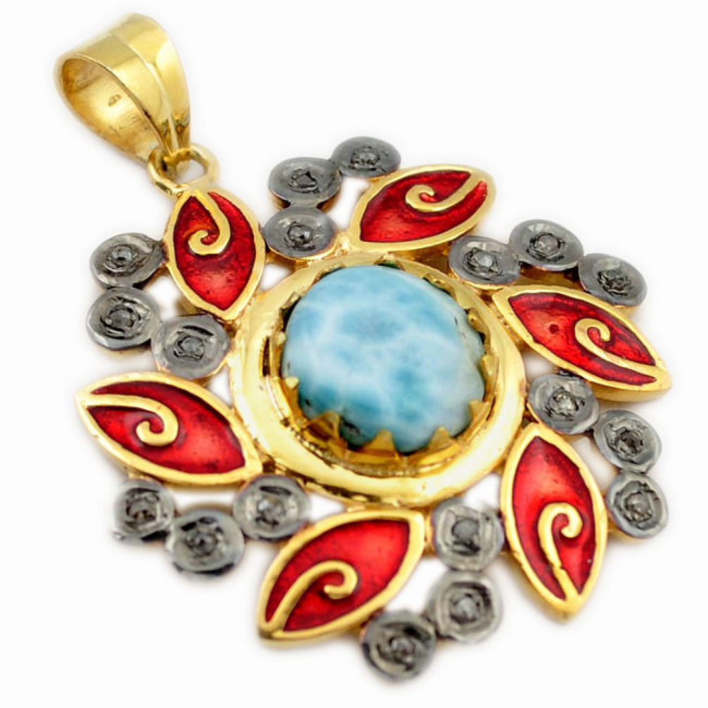 6.01cts natural diamond blue larimar enamel 925 silver 14k gold pendant v1117