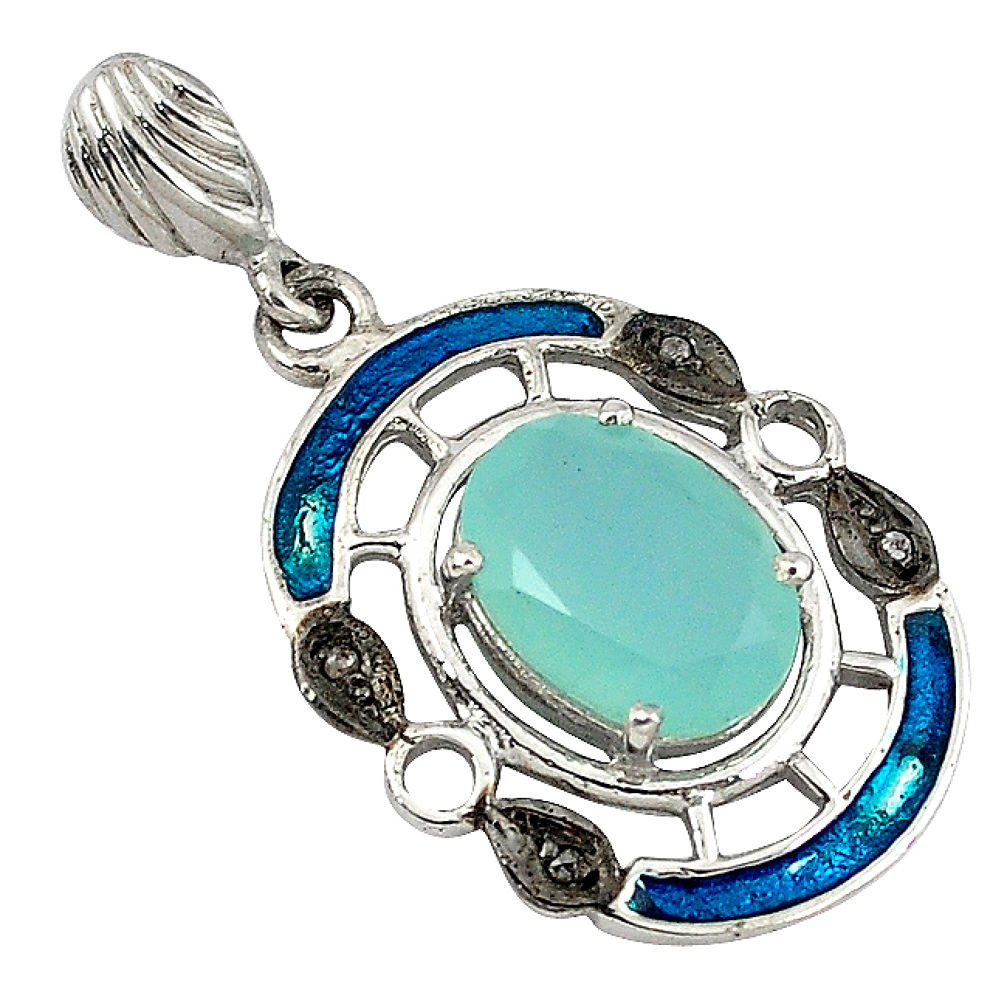 6.53cts vintage natural diamond aqua chalcedony enamel 925 silver pendant v1607