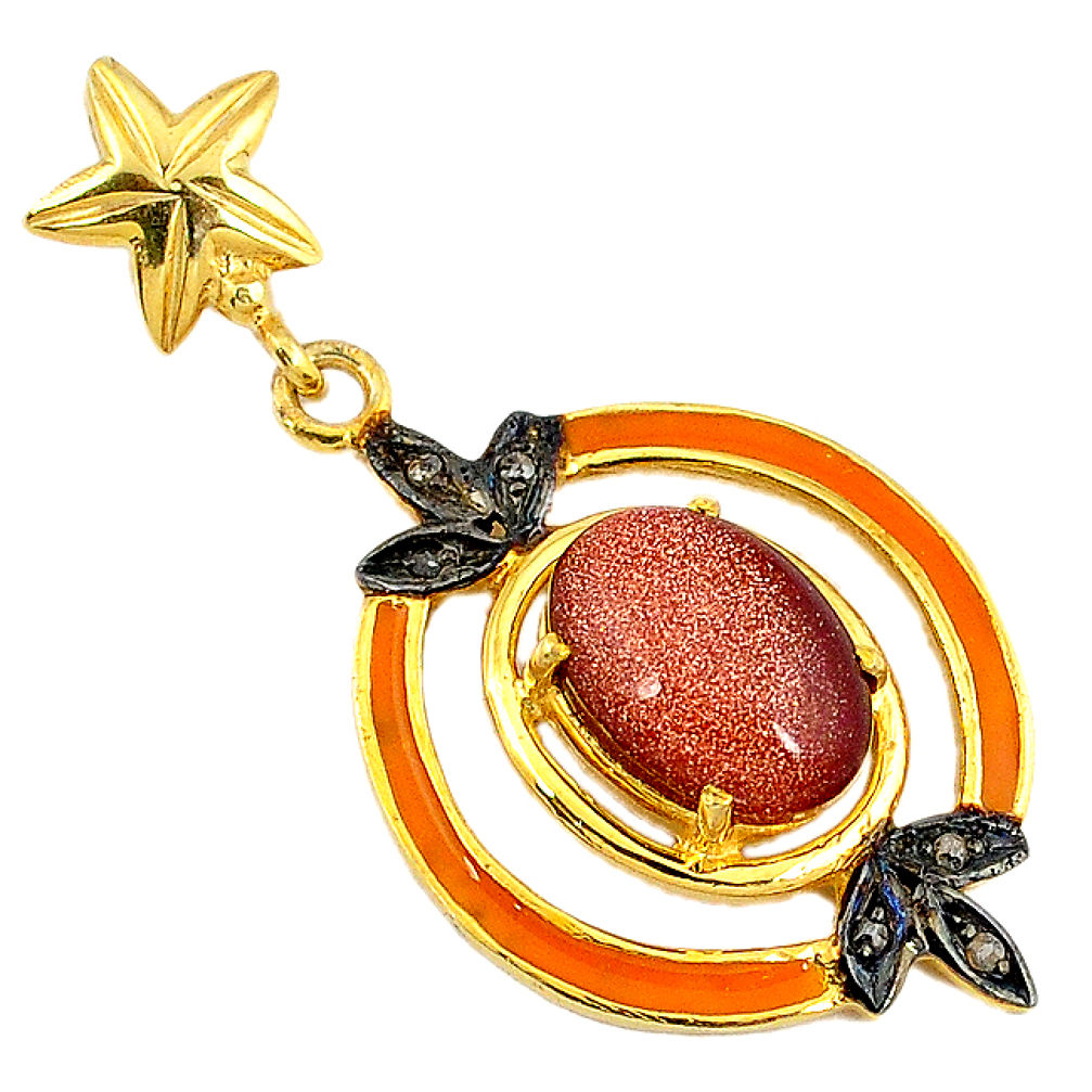 6.62cts estate diamond brown goldstone enamel 925 silver 14k gold pendant v1611