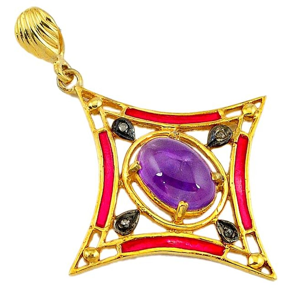 7.08cts vintage diamond purple amethyst enamel 925 silver 14k gold pendant v1613