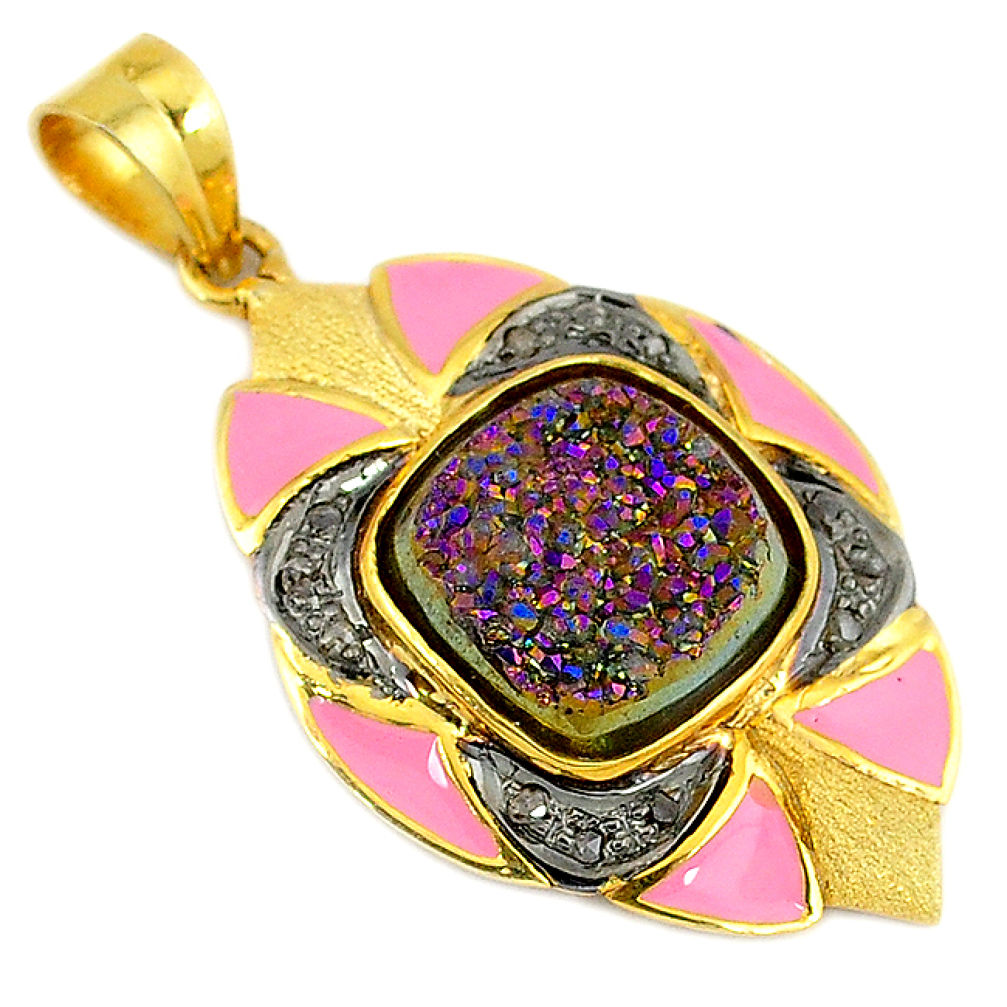 9.02cts vintage diamond titanium druzy enamel 925 silver 14k gold pendant v1677