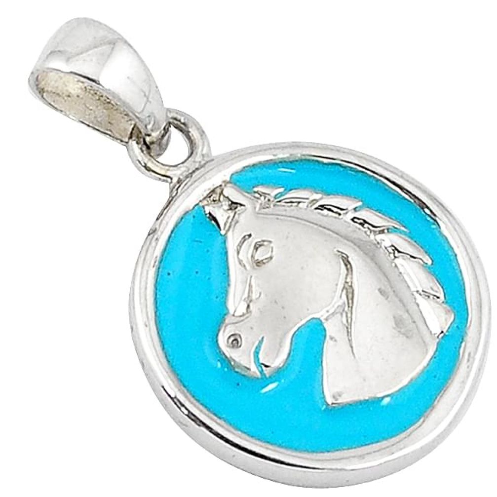 Indonesian bali style solid blue enamel 925 sterling silver horse pendant v1695