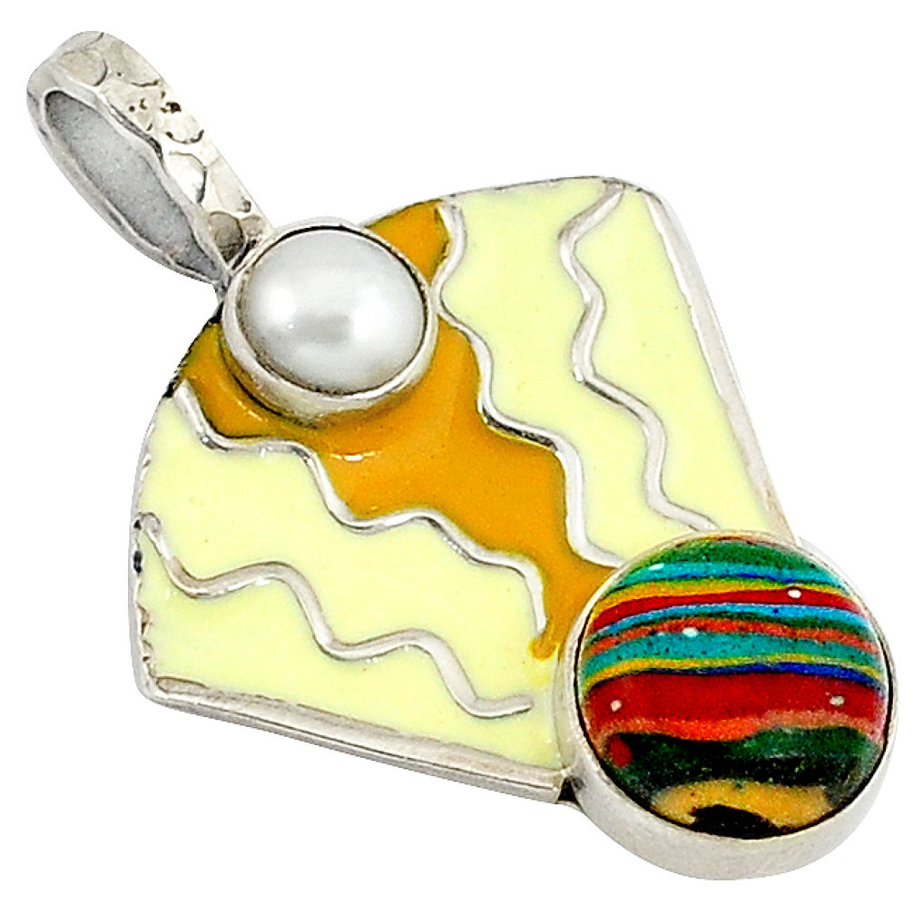 6.08cts vintage natural rainbow calsilica 925 silver 14k gold pendant v1699