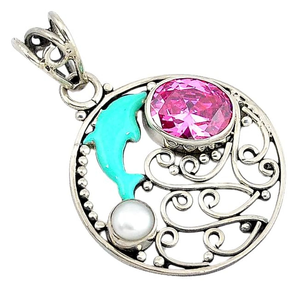 925 silver 5.07cts estate pink kunzite (lab) pearl enamel dolphin pendant v1703