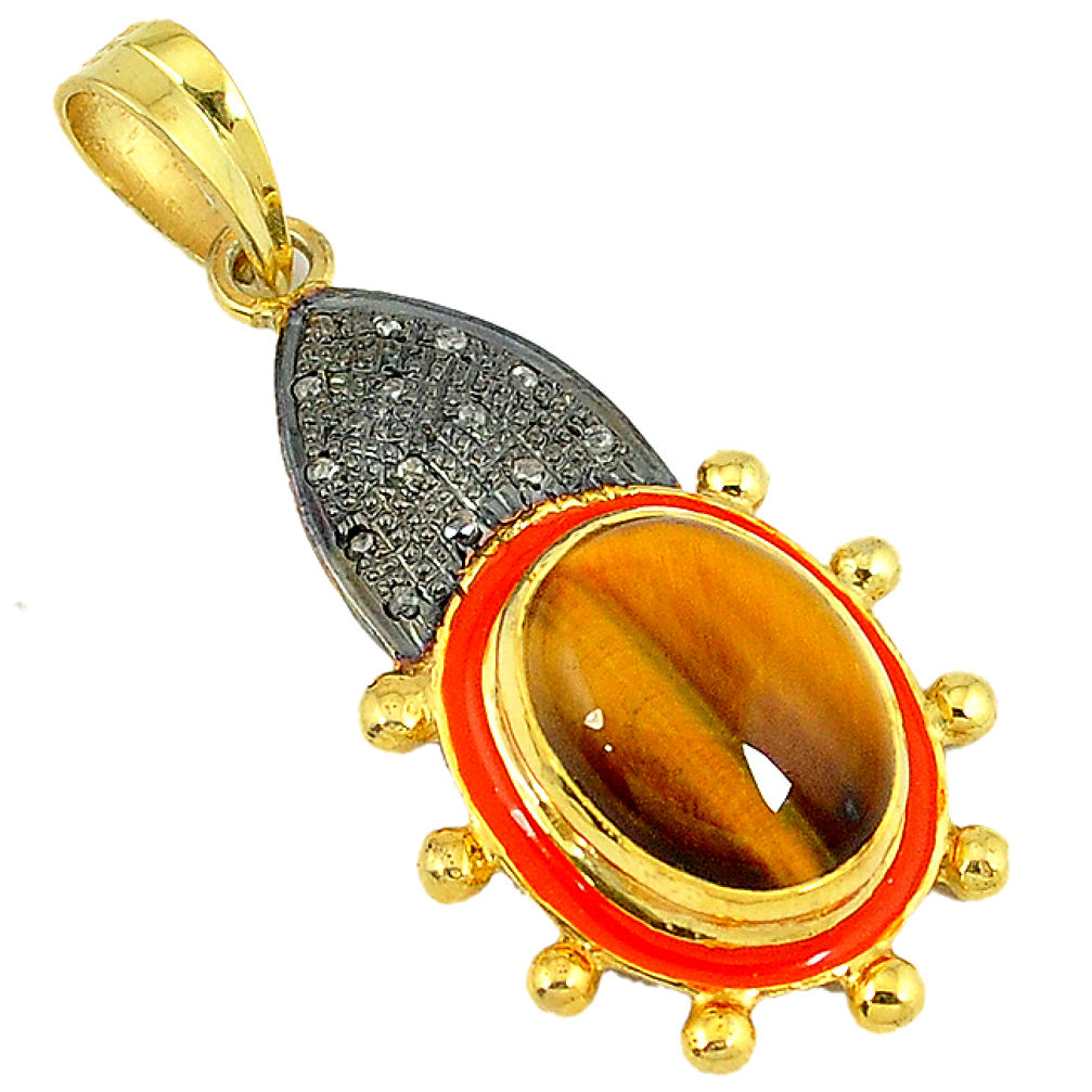 13.30cts estate natural diamond brown tiger's eye 925 silver gold pendant v1721