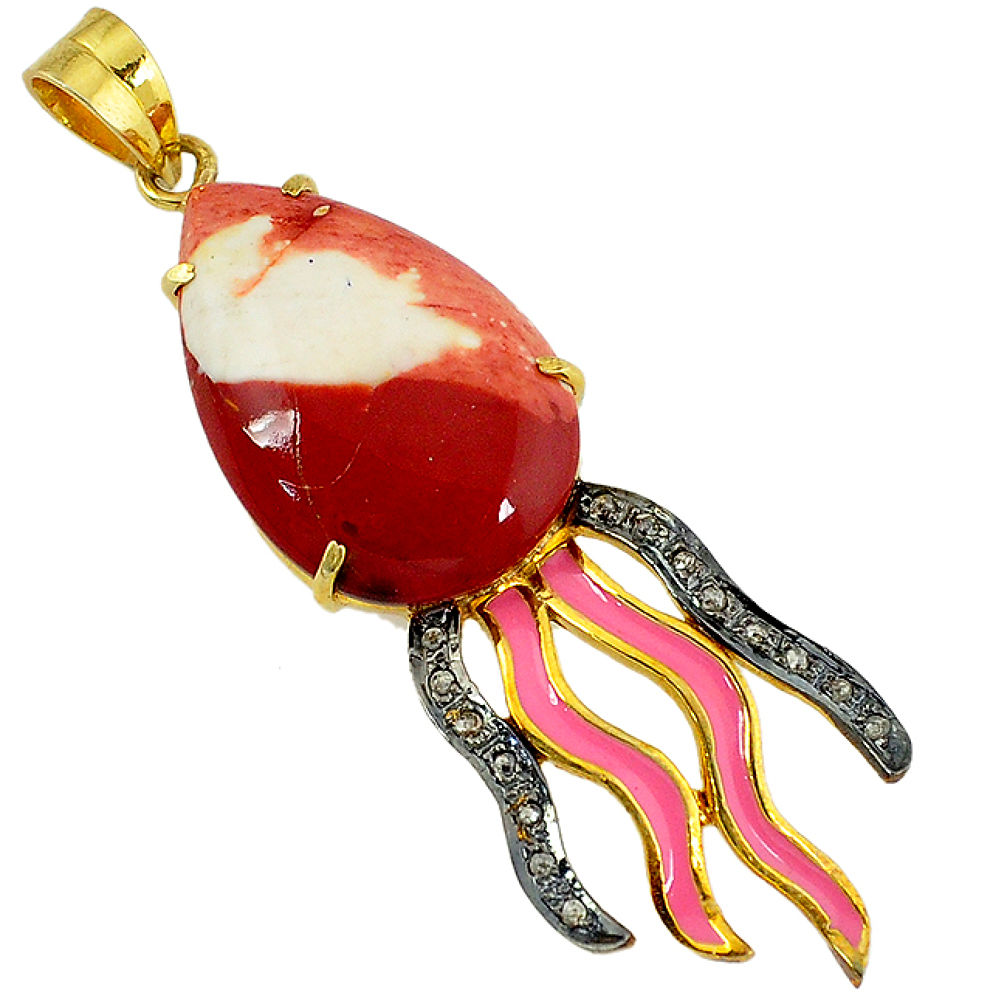 23.04cts estate natural diamond mookaite enamel 925 silver gold pendant v1761