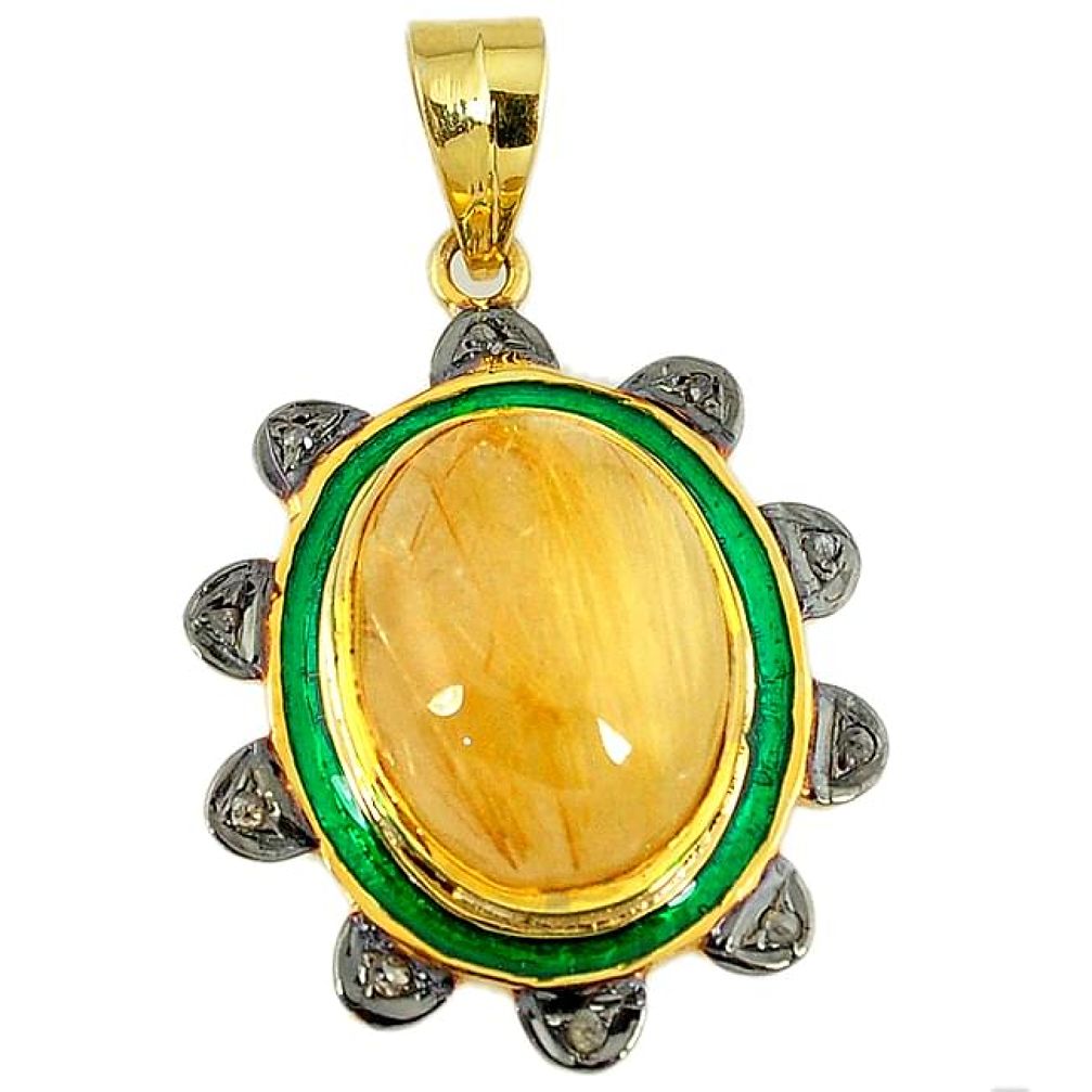 15.71cts vintage diamond golden tourmaline rutile 925 silver gold pendant v1780