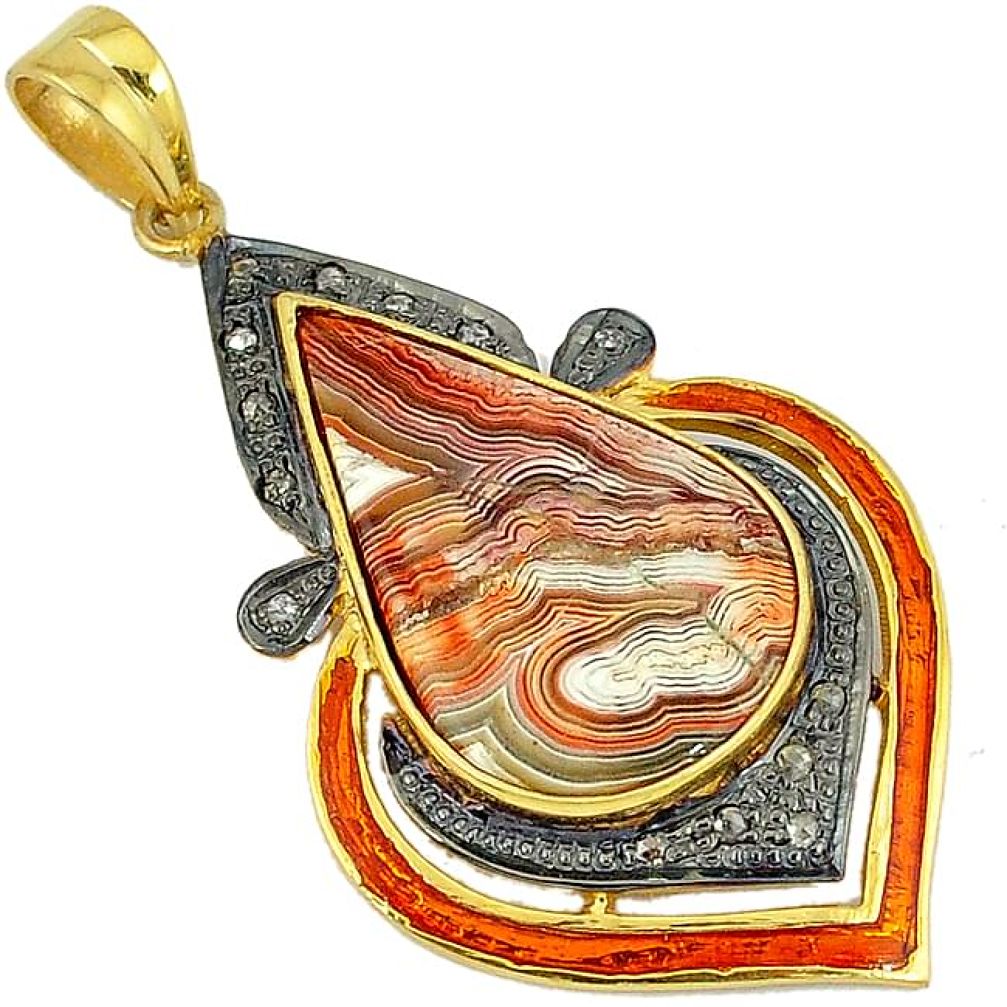 18.04cts vintage diamond mexican laguna lace agate 925 silver gold pendant v1781