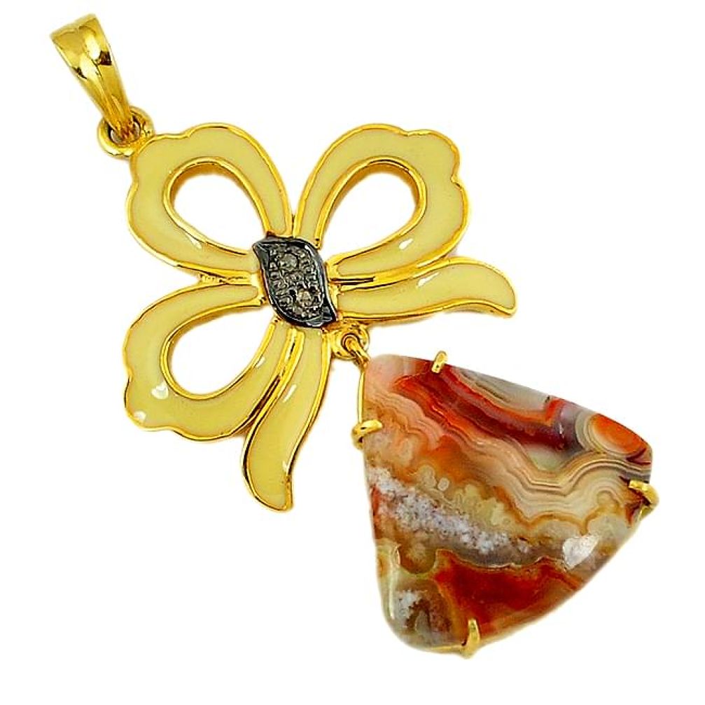22.03cts vintage diamond mexican laguna lace agate 925 silver gold pendant v1904