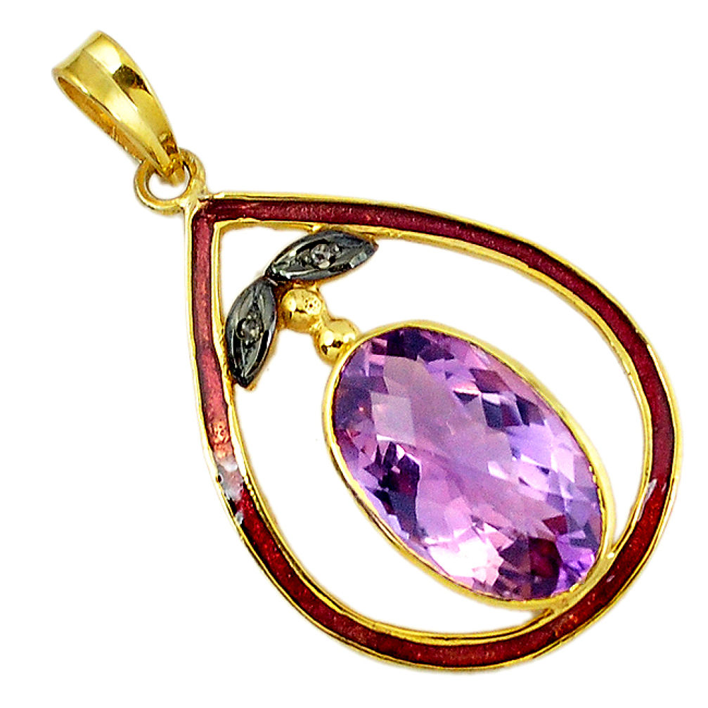 Clearance Sale- 17.44cts vintage diamond pink amethyst enamel 925 silver 14k gold pendant v1911