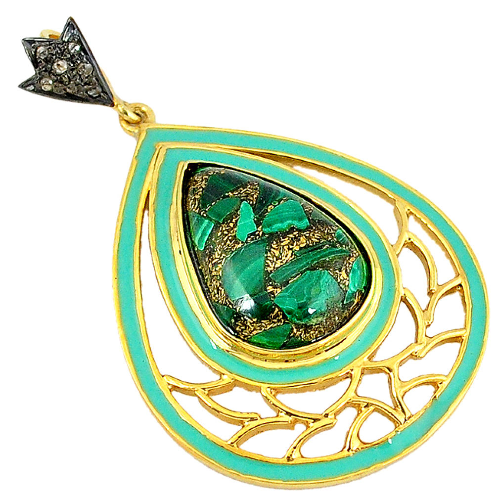 Vintage diamond green copper malachite enamel 925 silver 14k gold pendant v1925