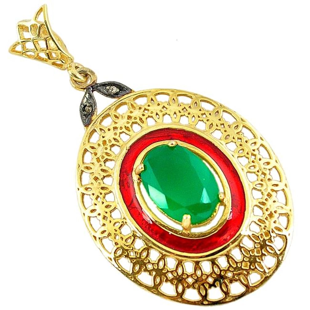 6.72cts estate diamond green chalcedony enamel 925 silver gold pendant v1946