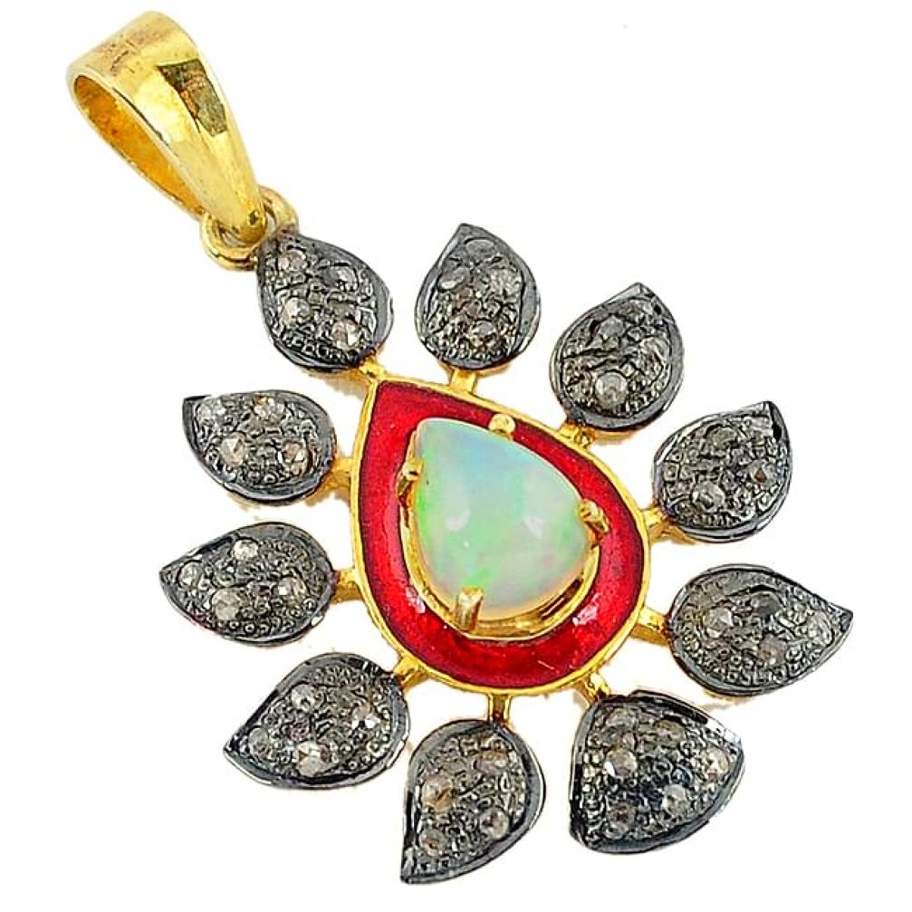 3.94cts vintage natural diamond ethiopian opal 925 silver gold pendant v1949