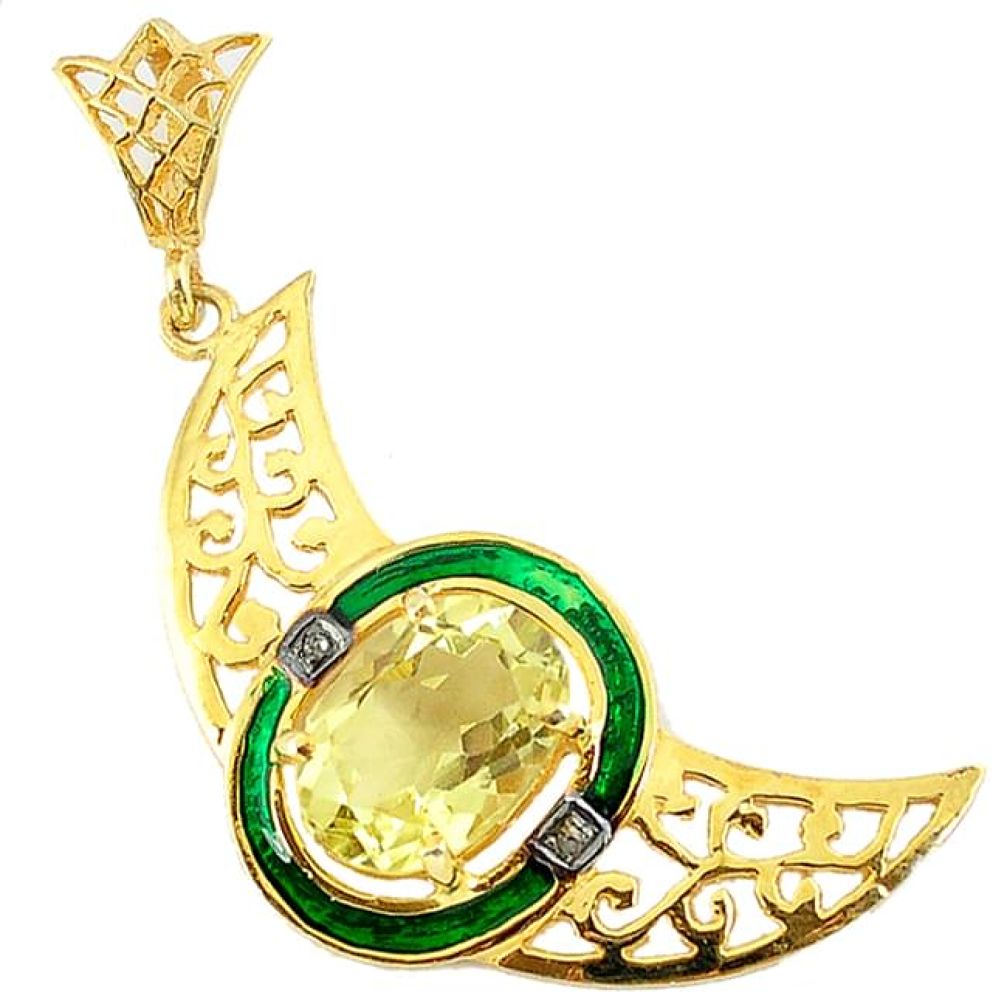 6.56cts vintage diamond lemon topaz enamel 925 silver 14k gold pendant v1952