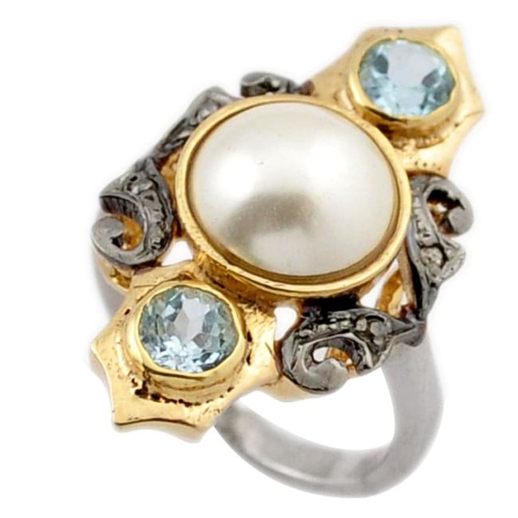 7.06cts victorian natural diamond pearl topaz 925 silver gold ring size 8 v1124