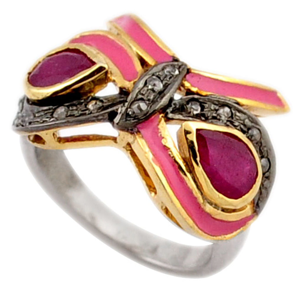 3.74cts victorian diamond red ruby pink enamel 925 silver gold ring size 8 v1134