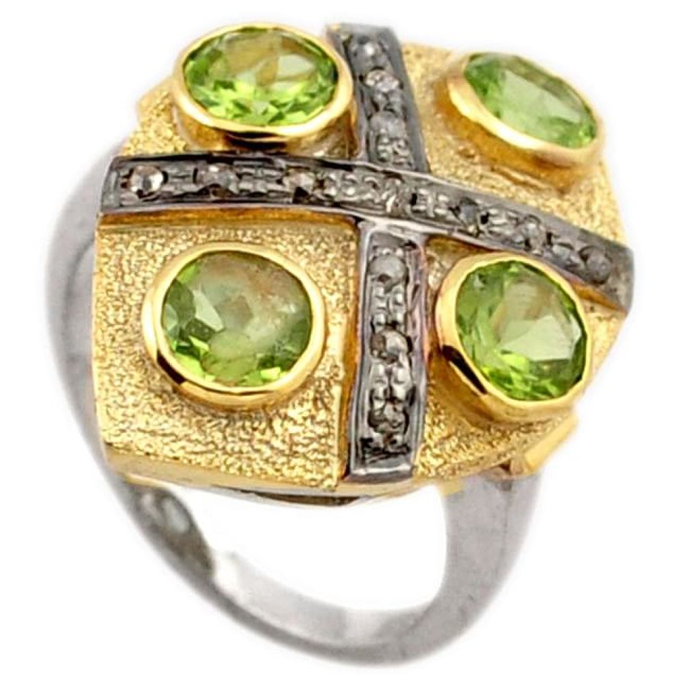 5.76cts estate natural diamond green peridot 925 silver gold ring size 8.5 v1141