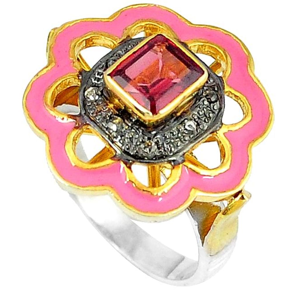 1.54cts estate diamond red garnet enamel 925 silver 14k gold ring size 8 v1159