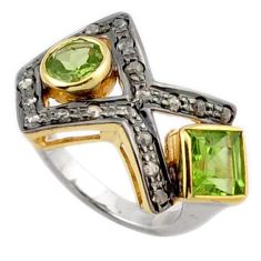 3.61cts handmade natural diamond green peridot 925 silver gold ring size 6 v1170