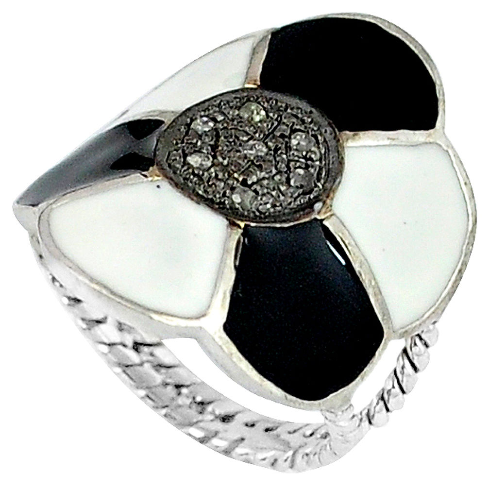 Estate natural white diamond black enamel 925 sterling silver ring size 7 v1178