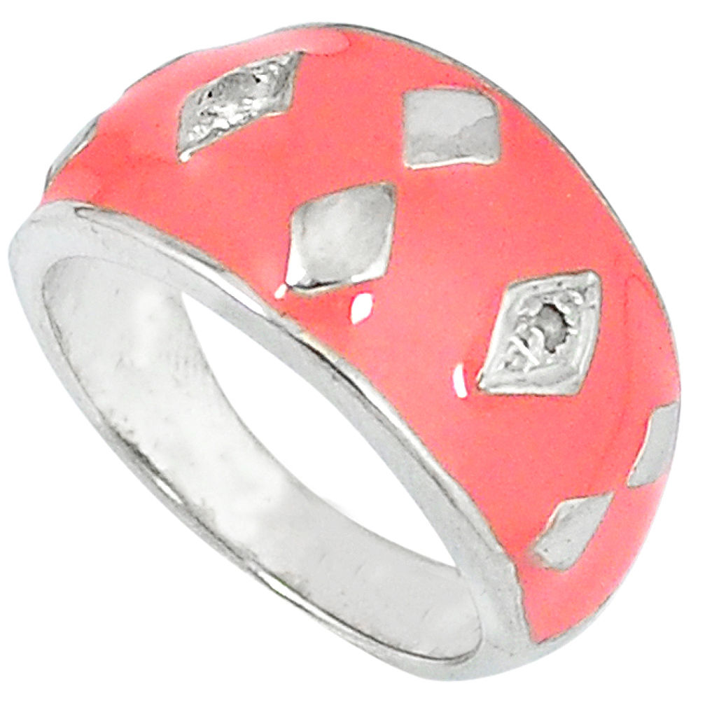 Estate natural white diamond pink enamel 925 silver band ring size 8 v1193