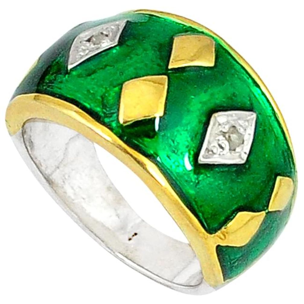 Estate natural white diamond green enamel 925 silver gold band ring size 7 v1196