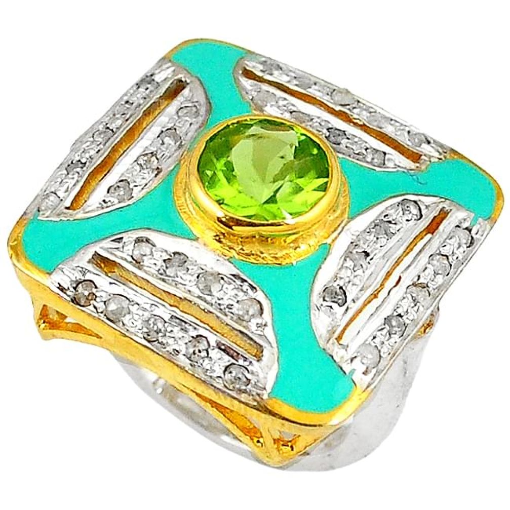 3.61cts estate natural diamond green peridot 925 silver gold ring size 7 v1210