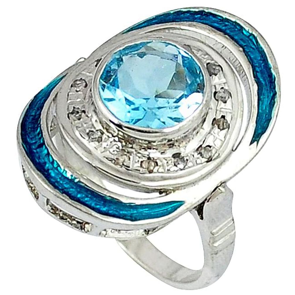 4.65cts estate natural diamond blue topaz enamel 925 silver ring size 8.5 v1269